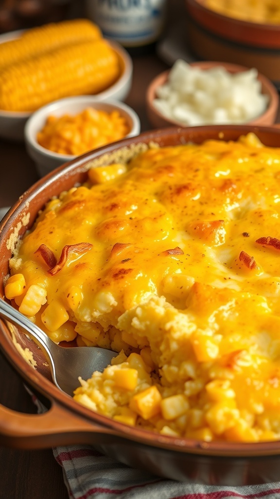 Golden brown Jiffy corn casserole in a baking dish, served with a spoon, in a cozy kitchen setting.
